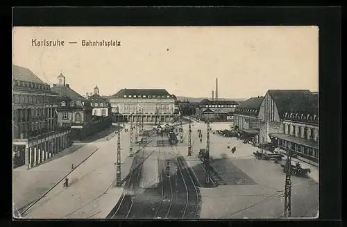 AK Karlsruhe, Bahnhofsplatz aus der Vogelschau