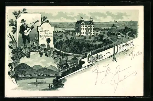 Lithographie Petersberg a. Rhein, Hotel mit Bahn, Uferpartie
