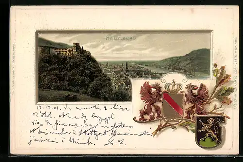 Passepartout-Lithographie Heidelberg, Panorama mit Wappen
