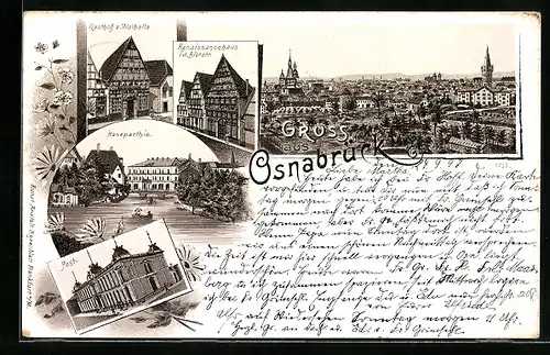 Lithographie Osnabrück, Gasthof zur Walhalla, Kaiserhof, Renaissancehaus i. d. Bierstrasse