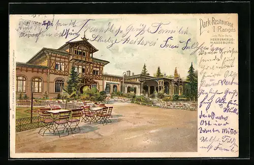 Lithographie Herrenkrug, Park-Restaurant mit Terrasse