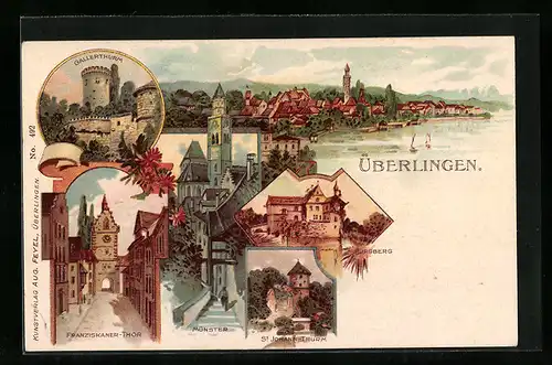 Lithographie Überlingen, Franziskaner-Thor, Münster, St. Johann-Thurm