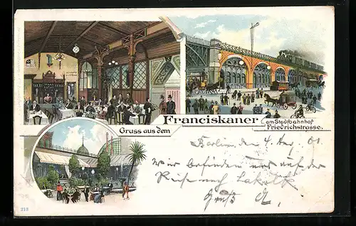 Lithographie Berlin, Gasthaus Franciskaner am Stadtbahnhof Friedrichstrasse, Georgenstrasse
