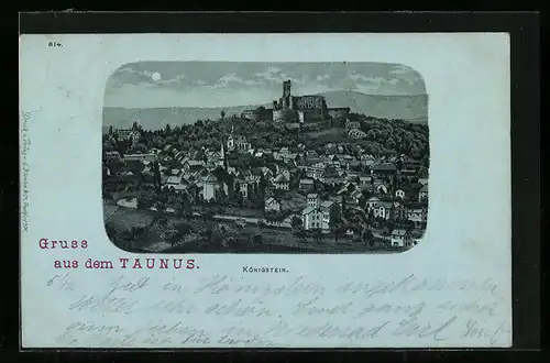 Lithographie Königstein, Totale des Ortes