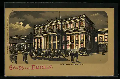 Lithographie Berlin, Palais Kaiser Friedrich III, Kutsche