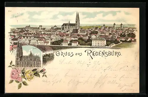 Lithographie Regensburg, Dom, Ortsansicht aus der Vogelschau