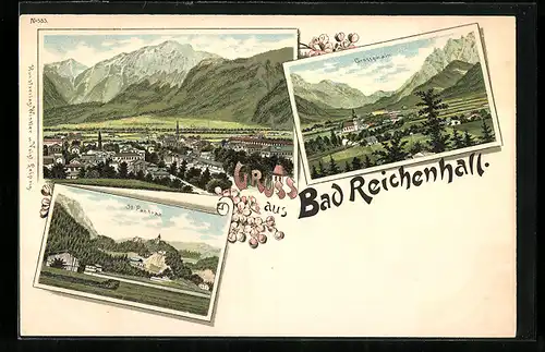 Lithographie Bad Reichenhall, Teilansicht, Grossgmain, St. Pankraz