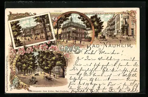 Lithographie Bad Nauheim, Badehäuser, Postamt, Kurstrasse