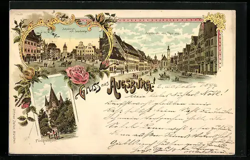 Lithographie Augsburg, Jakoberstrasse mit Jakoberthor, Fünfgradthurm