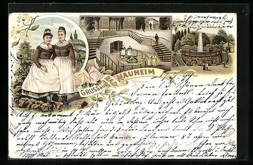 Lithographie Bad Nauheim, Kurbrunnen, Sprudel, Frauen in Tracht