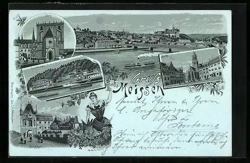 Lithographie Meissen, Dom, Geipelburg, Burgthor, Markt, Ortsansicht aus der Vogelschau