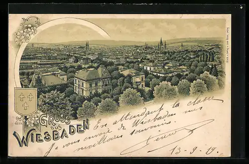 Lithographie Wiesbaden, Ortsansicht aus der Vogelschau