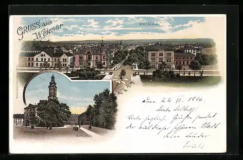 Lithographie Weimar, Generalansicht der Stadt, auf dem Platz am Schloss