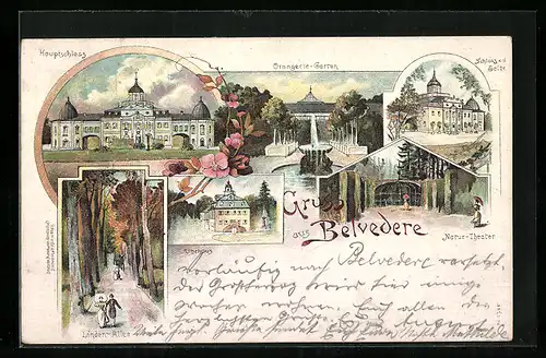 Lithographie Weimar, Belvedere, Hauptschloss, Orangerie-Garten