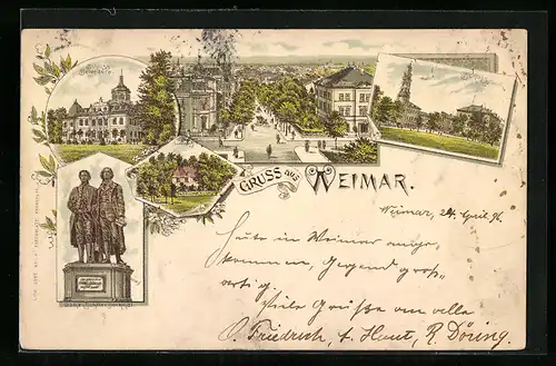 Lithographie Weimar, Schloss Belvedere, Goethe- & Schiller-Denkmal, Schloss