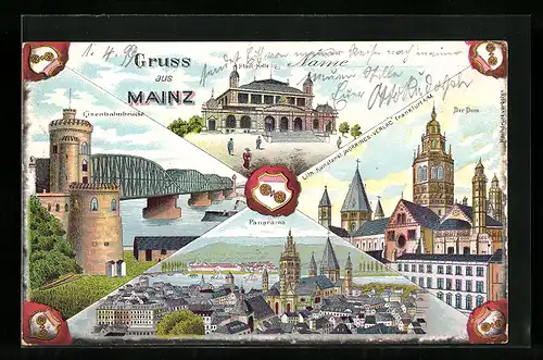 Lithographie Mainz, Panorama, Eisenbahnbrücke & Dom