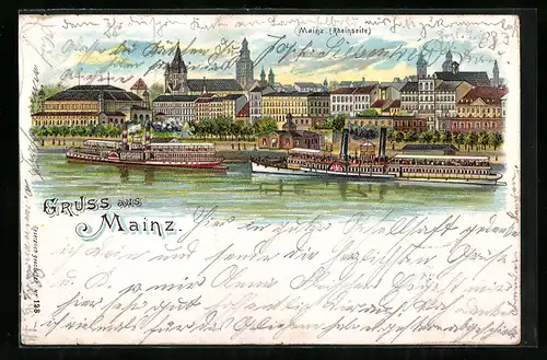 Lithographie Mainz, Ortsansicht mit Dampfer