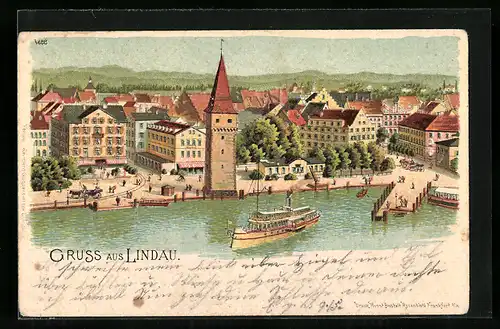 Lithographie Lindau a. Bodensee, Ortspartie am Hafen, Dampfer