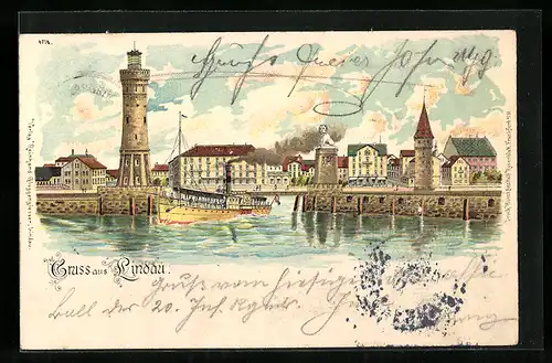 Lithographie Lindau, Hafen mit Leuchtturm und Raddampfer