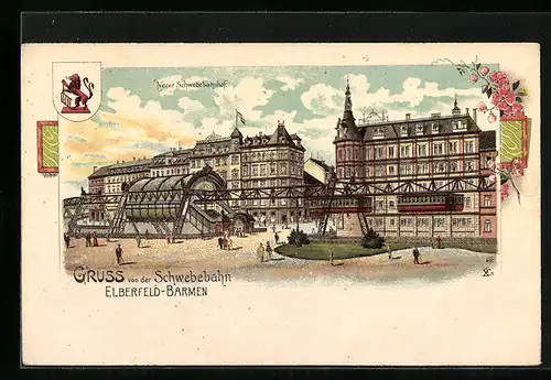 Lithographie Elberfeld-Barmen, Neuer Schwebebahnhof am Hotel Weidenhof