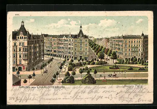 Lithographie Berlin-Charlottenburg, Savigny Platz mit abgehenden Strassen