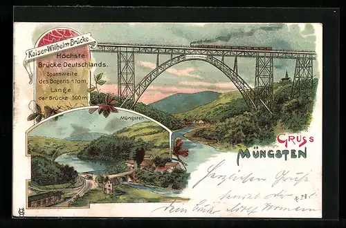 Lithographie Müngsten, Ortsansicht mit Kaiser-Wilhelm-Brücke