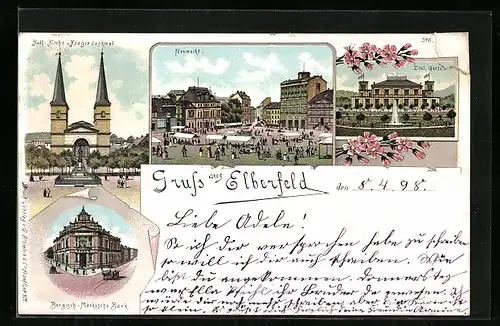 Lithographie Elberfeld, Bergisch-Märkische-Bank, Neumarkt, Zool. Garten, Kath. Kirche u. Kriegerdenkmal