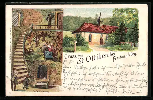 Lithographie St. Ottilien bei Freiburg, St. Ottilien Kapelle, St. Ottilien Grotte