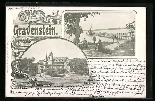 AK Gravenstein, Gebäudeansicht, Steg mit Dampfer