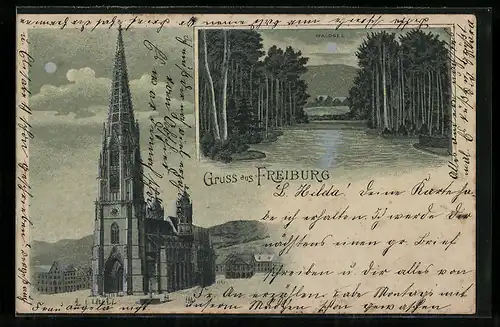 Lithographie Freiburg, Kirche u. Waldsee im Vollmondlicht