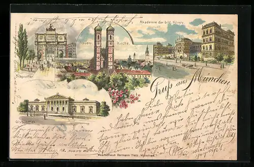 Lithographie München, Siegestor, Frauenkirche, Akademie der bild. Künste, Glyptothek