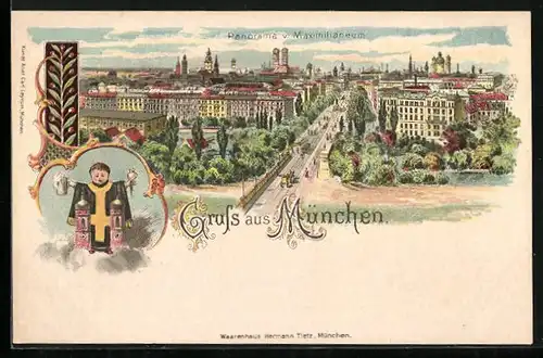 Lithographie München, Panorama v. Maximilianeum, Münchner Kindl