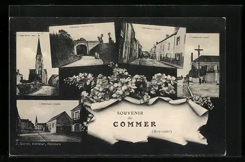 AK Commer, Ortspartie mit Kirche, Strassenpartie mit Geschäften