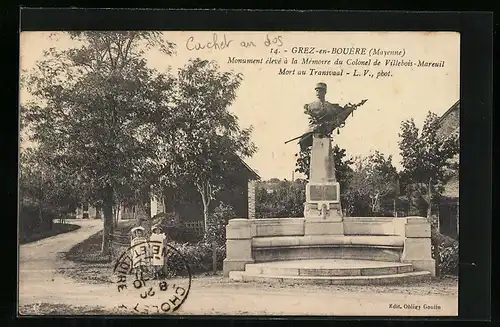 AK Grez-en-Bouère, Monument élevé à la Mémoire du Colonel de Villebois-Mareuil, Mort au Transvaal