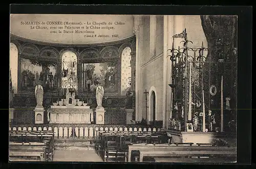 AK St-Martin-de-Connée, La Chapelle du Chêne, Le Choeur avecses Pentures et le chêne antique, avec la Statue Miraculeuse