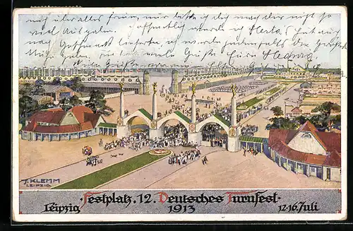 Künstler-AK Leipzig, 12. Deutsches Turnfest 1913, der Festplatz aus der Vogelschau