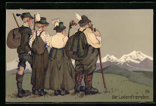 AK Die Lodenfremden in Tracht beim Bergsteigen