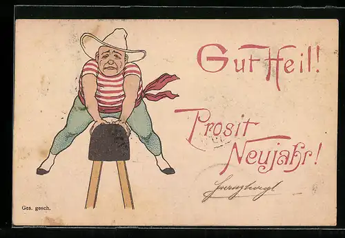 Künstler-AK Mann springt über den Bock