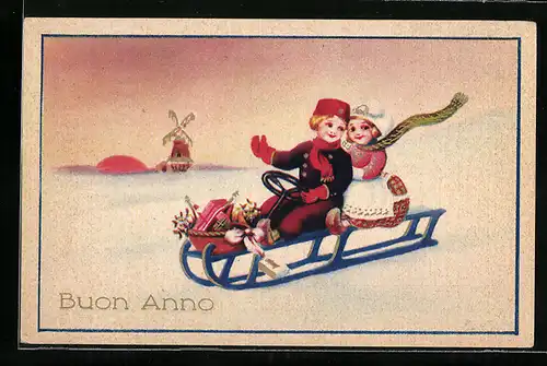 Künstler-AK Kinder auf einem Schlitten mit Geschenken und Windmühle