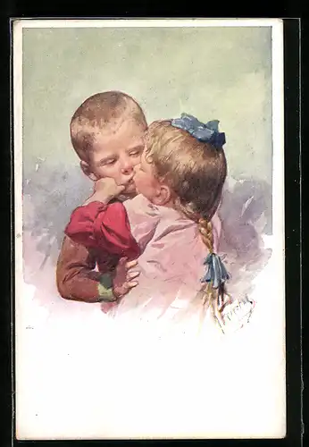 Künstler-AK Karl Feiertag: Zuckerbussi, Mädchen gibt ihrem Freund einen Kuss