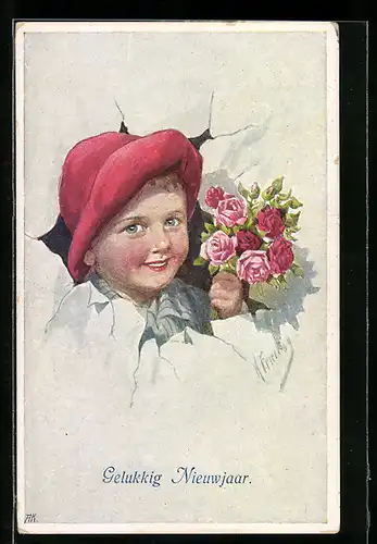 Künstler-AK Karl Feiertag: Kind mit rotem Hut und Blumenstrauss
