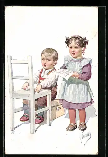 Künstler-AK Karl Feiertag: Junge und Mädchen singen ein Lied