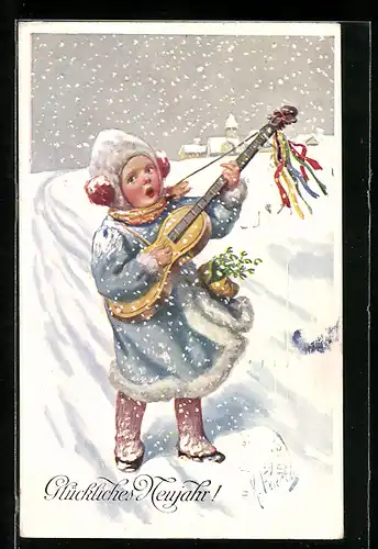 Künstler-AK Karl Feiertag: Kleines Mädchen mit Gitarre im Schnee, Neujahrsgruss