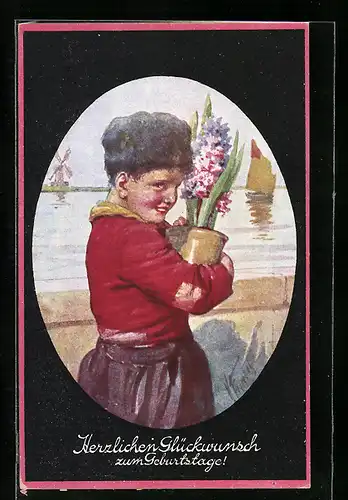 Künstler-AK Karl Feiertag: Holländer mit Blumentopf, Geburtstagsgruss