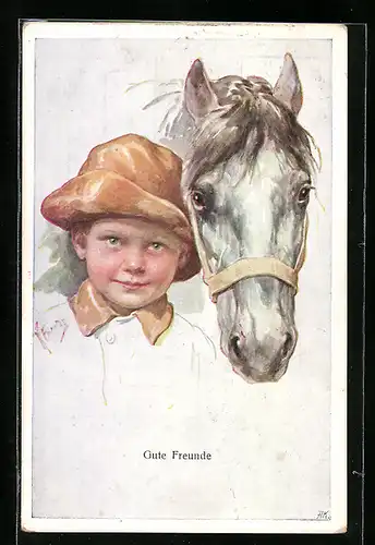 Künstler-AK Karl Feiertag: Gute Freunde, Junge mit seinem Pferd