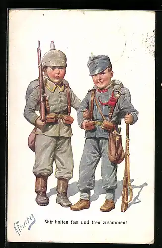 Künstler-AK Karl Feiertag: Deutscher und österreichischer Soldat in Uniform