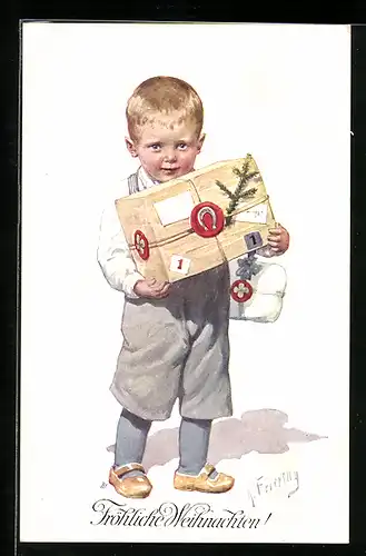 Künstler-AK Karl Feiertag: Kleiner Junge mit einem Paket, Weihnachtsgruss
