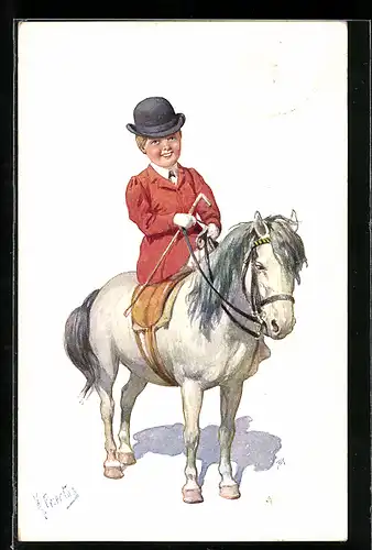Künstler-AK Karl Feiertag: Gutbetuchtes Mädchen auf kleinem Pferd