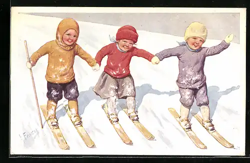Künstler-AK Karl Feiertag: Drei Kinder fahren Ski