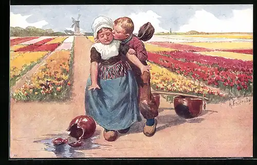 Künstler-AK Karl Feiertag: Zerbrochener Krug eines niederländischen Mädchens am Tulpenfeld
